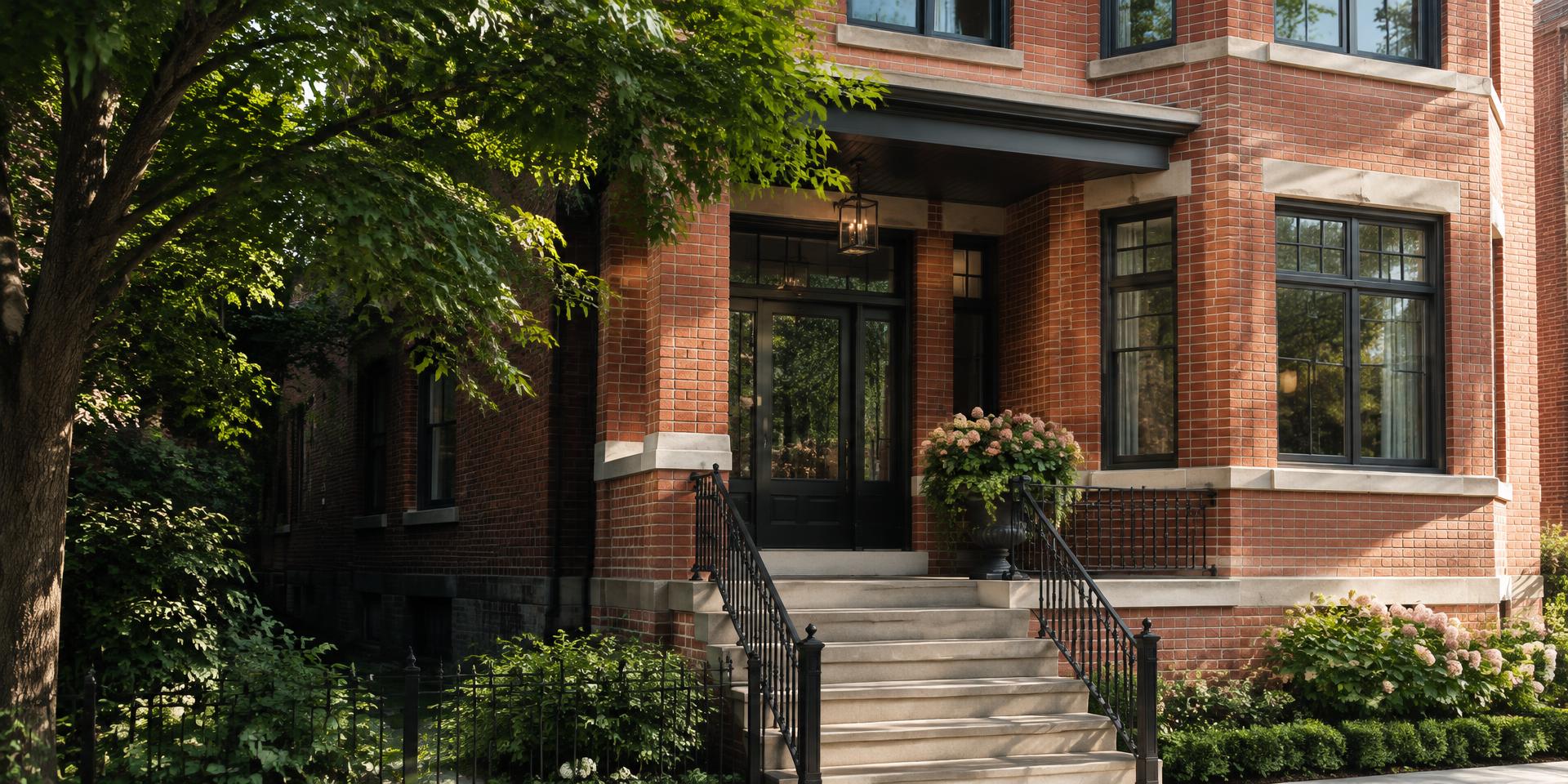 Chicago brick home entrance framed by tree shade and afternoon sunlight