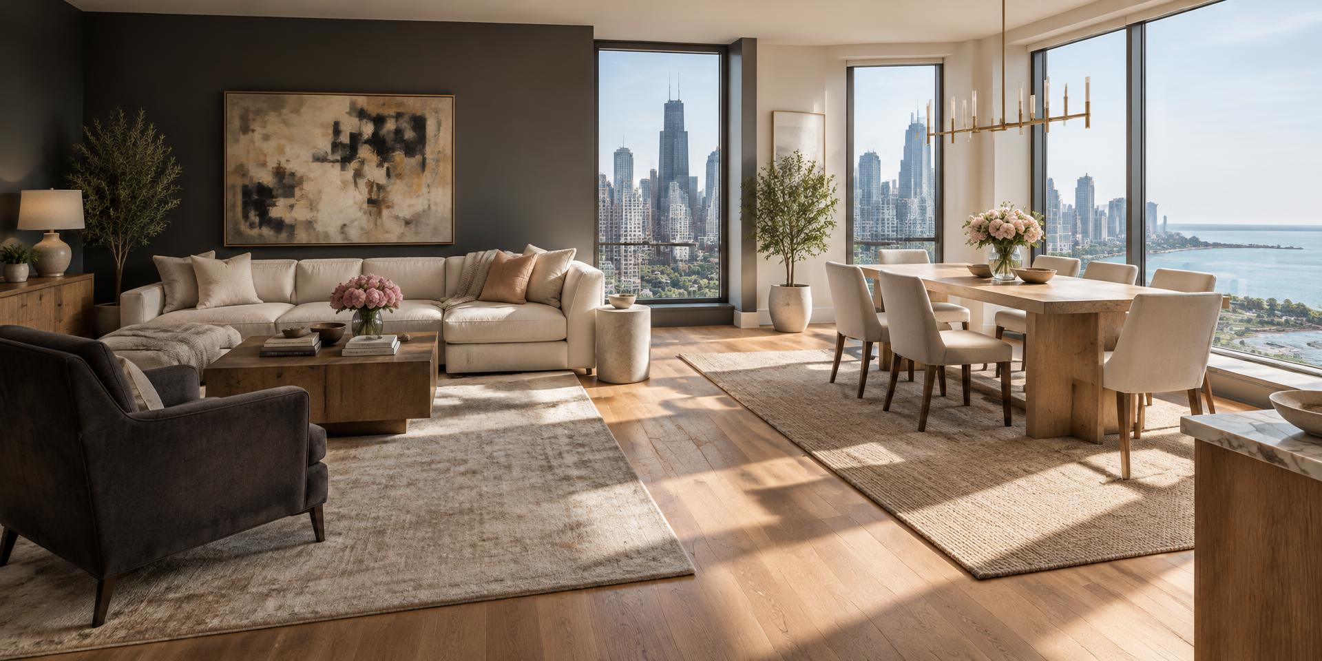 Chicago living and dining rooms with large windows and naturally illuminated oak floors