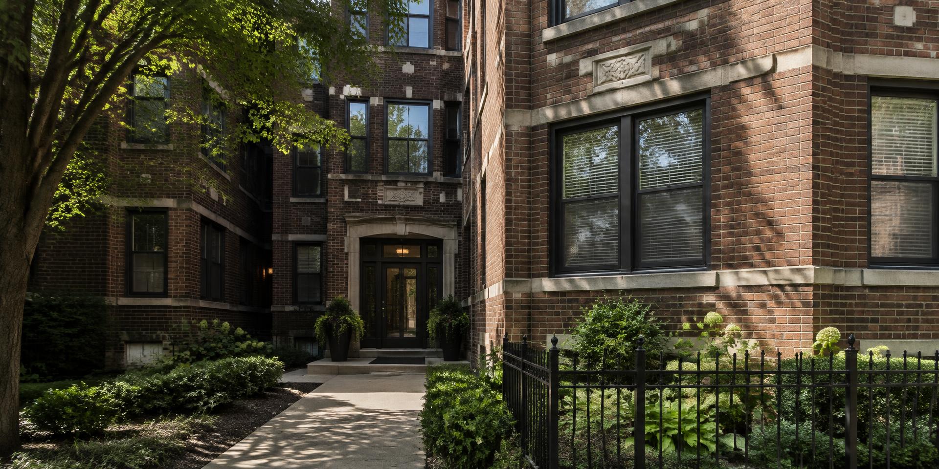Chicago brick multi-unit courtyard with tree shade and sunlit entry details