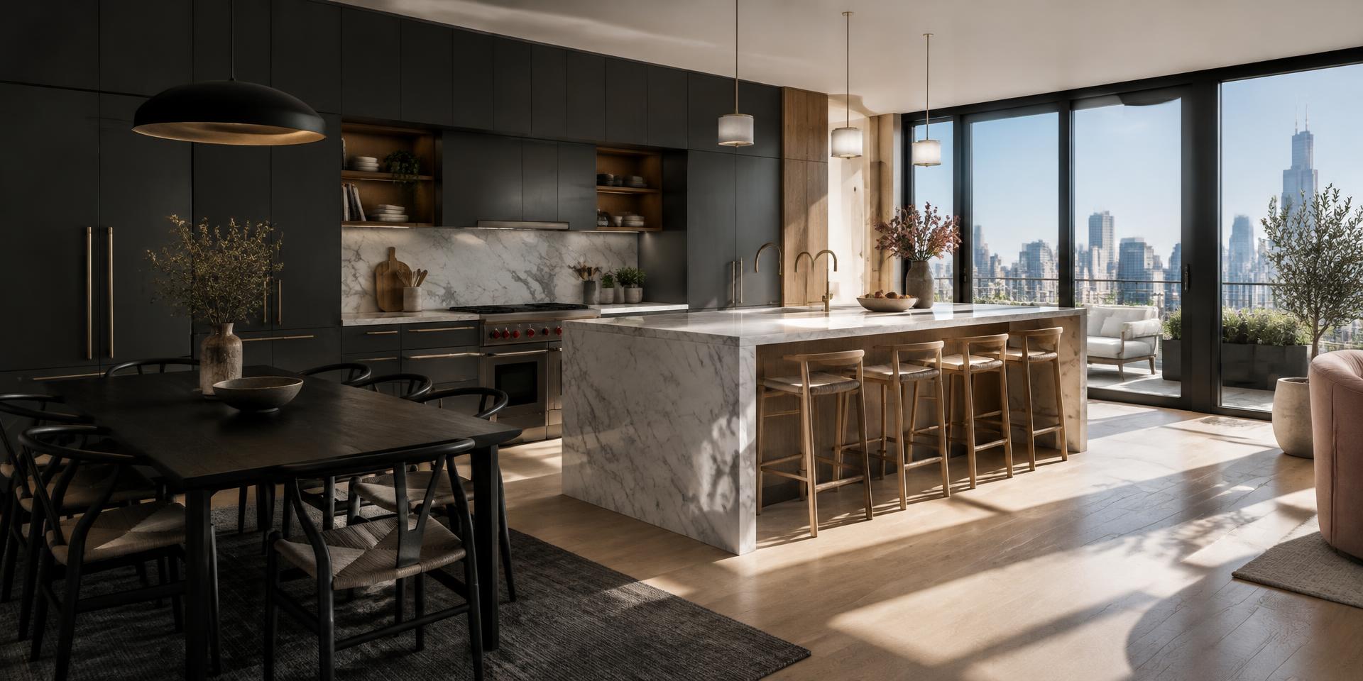 Modern Chicago kitchen with charcoal cabinets and a sunlit marble island