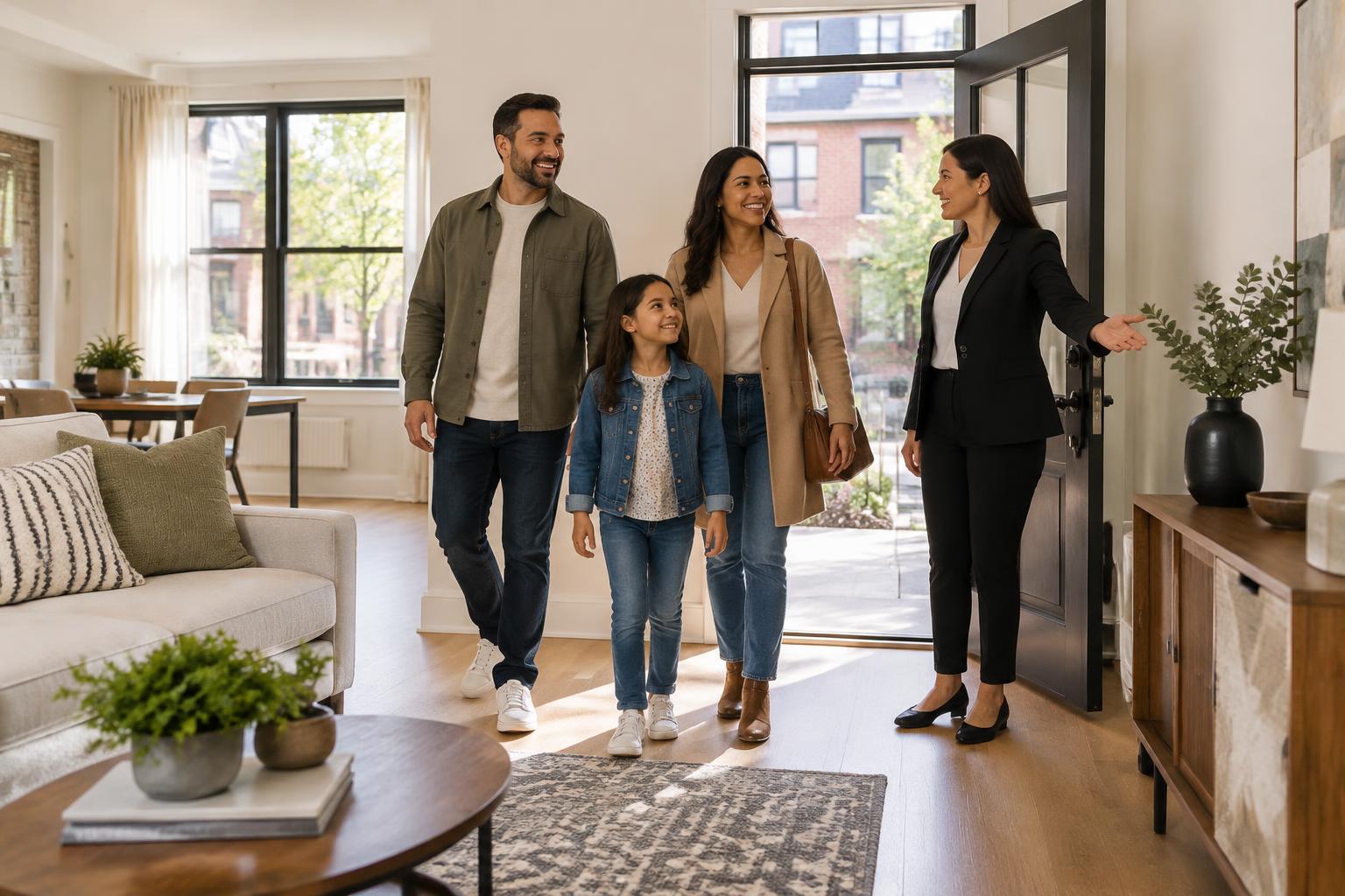 Real estate advisor welcoming a family with a child into a bright new Chicago home