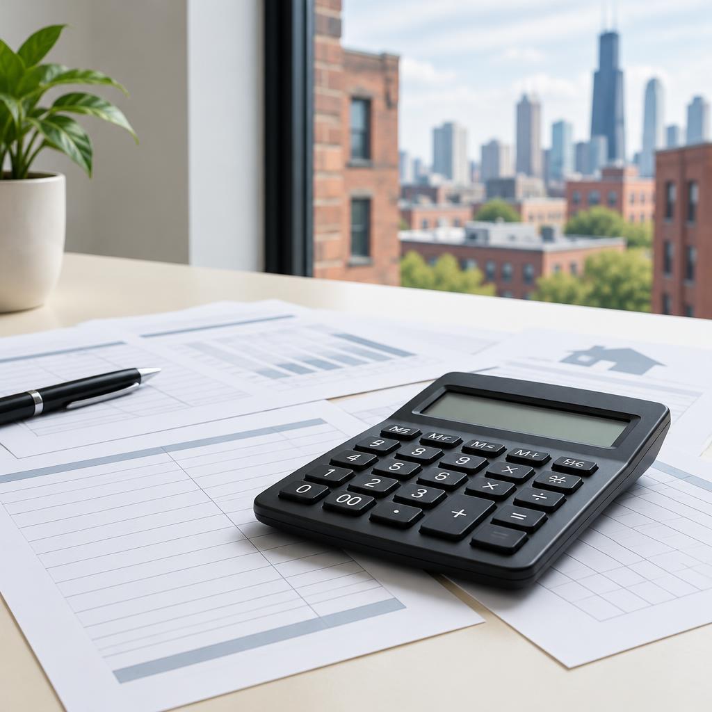 Calculator on mortgage financing worksheets beside a Chicago office window