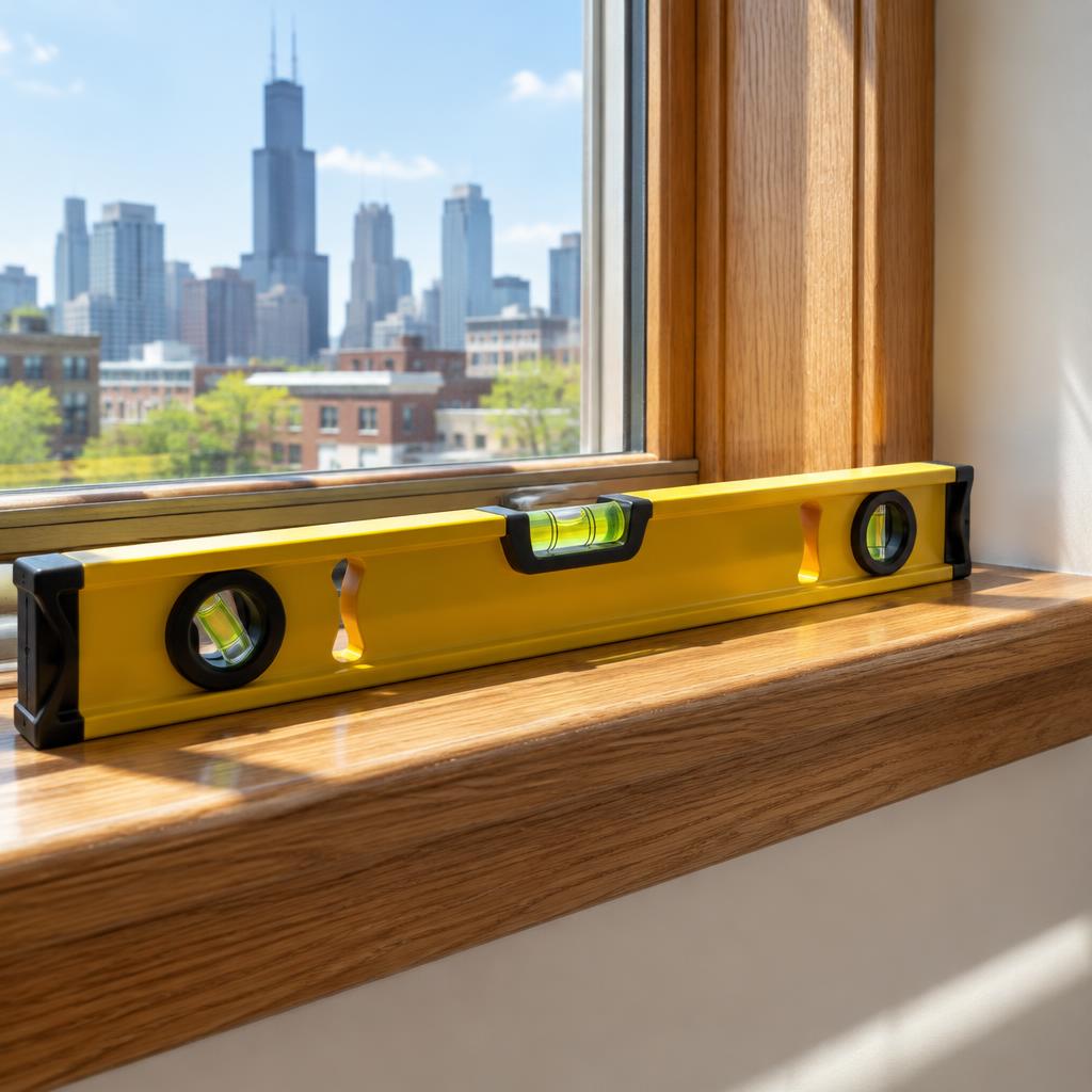 Spirit level on an oak window sill during a Chicago home inspection