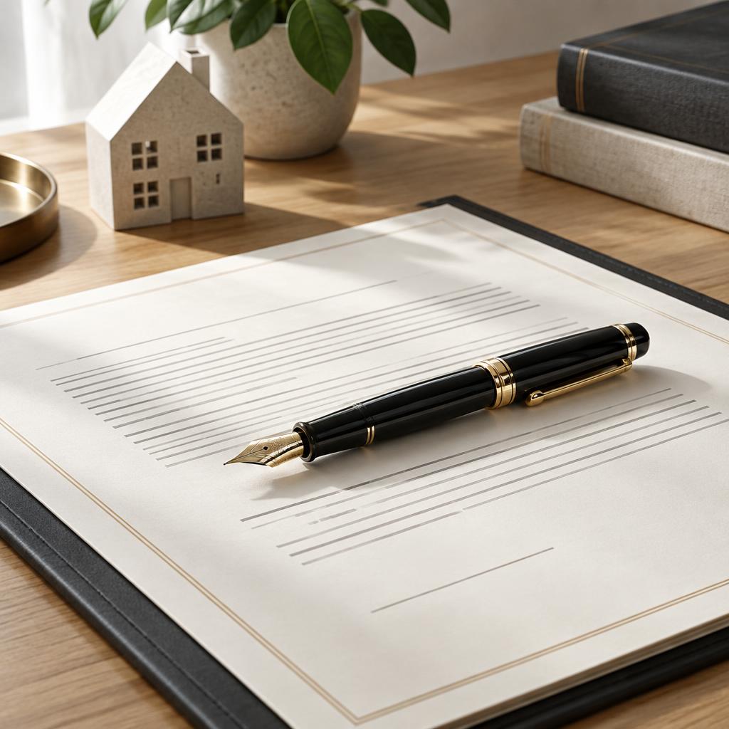 Fountain pen resting on a home purchase contract ready for offer review