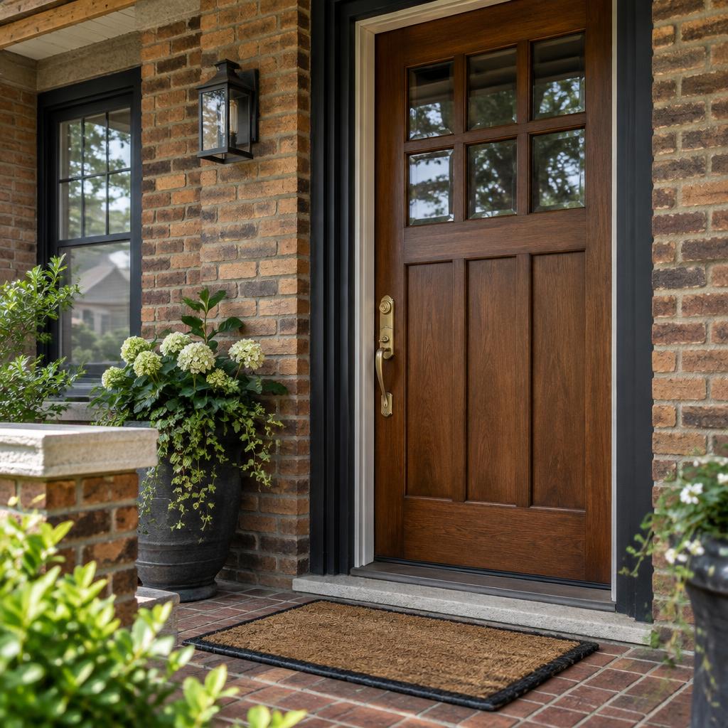 Chicago brick bungalow front door with detailed brass handle and welcoming porch