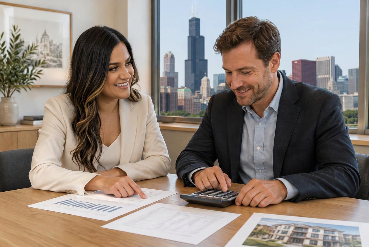 Maria Gutierrez reviewing investment property finances with a client in Chicago